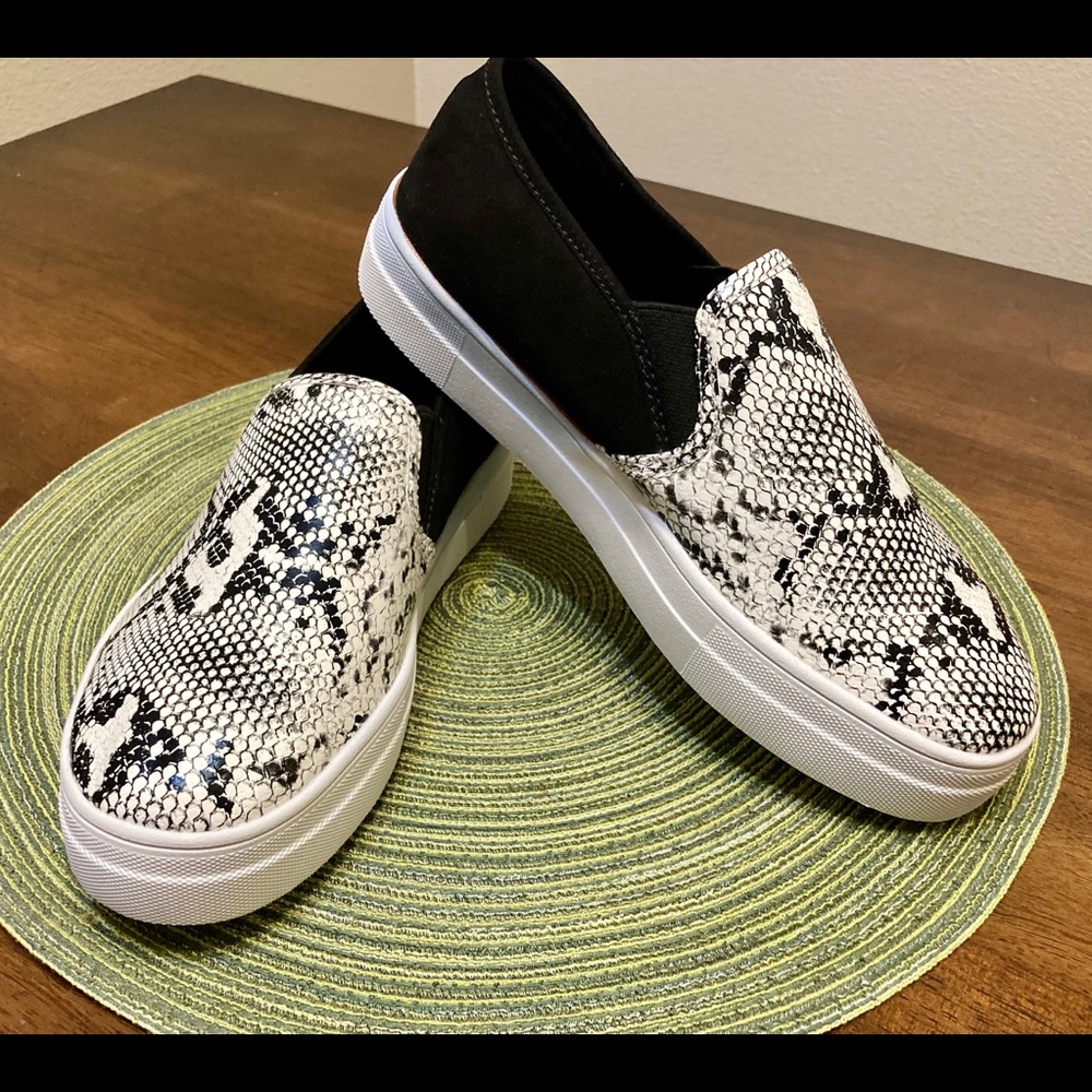 Black & white faux snakeskin slip on sneakers